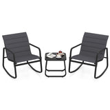 Juego de bistró mecedora para exteriores de 3 piezas, sillas mecedoras para porche con mesa de vidrio templado, gris