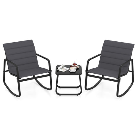 Juego de bistró mecedora para exteriores de 3 piezas, sillas mecedoras para porche con mesa de vidrio templado, gris