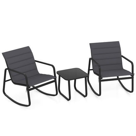 Juego de bistró mecedora para exteriores de 3 piezas, sillas mecedoras para porche con mesa de vidrio templado, gris
