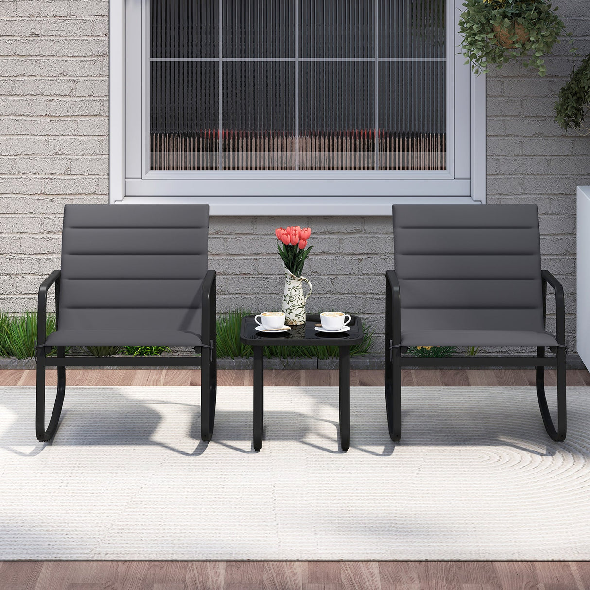 Juego de bistró mecedora para exteriores de 3 piezas, sillas mecedoras para porche con mesa de vidrio templado, gris