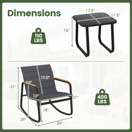 Juego de bistro de 3 piezas para exteriores con sillas mecedoras para porche - Gris