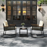 3 Piece Outdoor PE Rattan Rocking Bistro Set with 2-Tier Coffee Table-Black