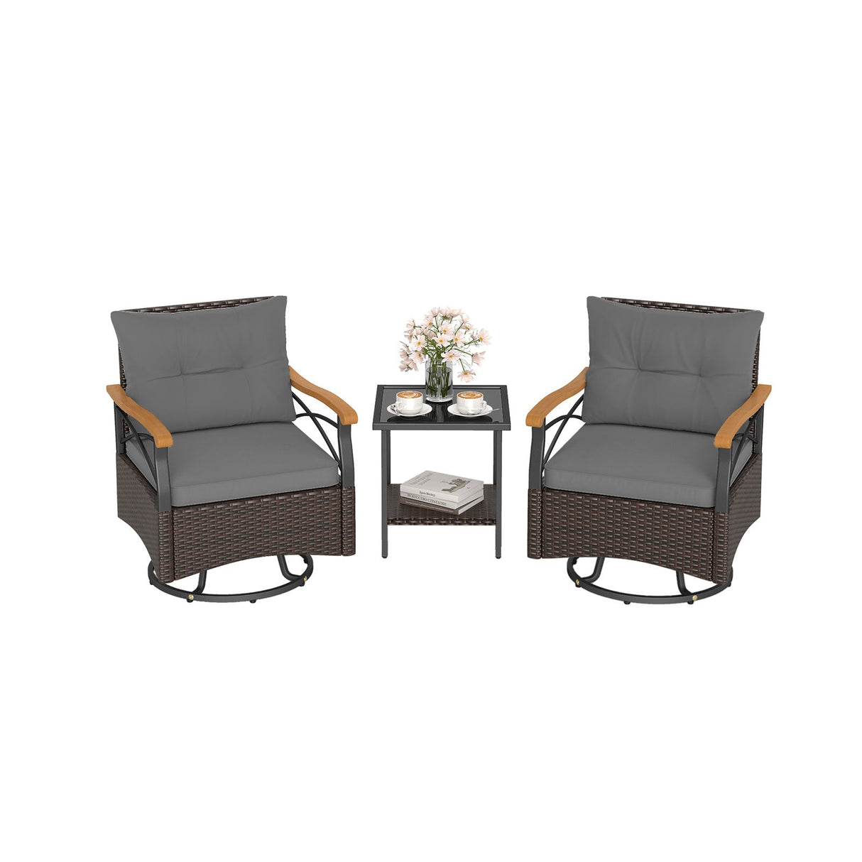 Juego de 3 sillas giratorias de exterior con mesa auxiliar de cristal templado