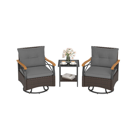 Juego de 3 sillas giratorias de exterior con mesa auxiliar de cristal templado