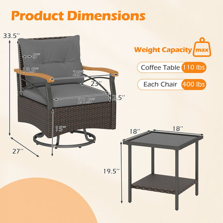 Juego de 3 sillas giratorias de exterior con mesa auxiliar de cristal templado