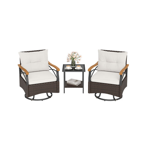 Juego de 3 sillas giratorias de exterior con mesa auxiliar de cristal templado