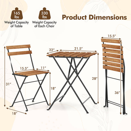 Juego de bistró de 3 piezas para patio de madera de acacia con asiento y mesa de listones