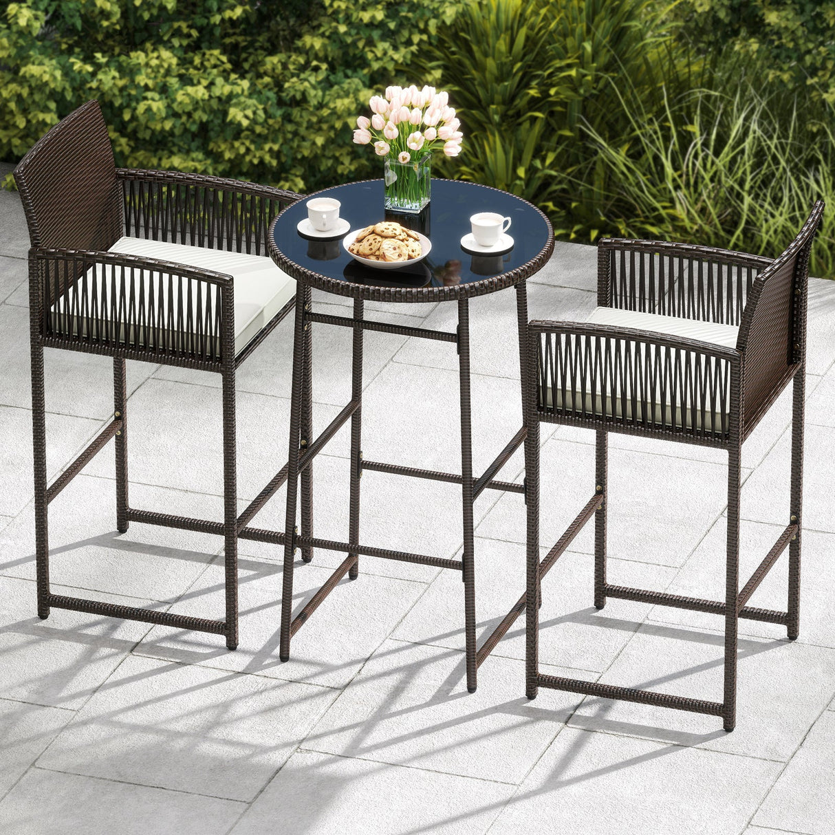Juego de bar de patio de 3 piezas con mesa y sillones de mimbre para exteriores - Blanco