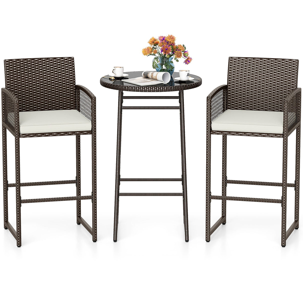 Juego de bar de patio de 3 piezas con mesa y sillones de mimbre para exteriores - Blanco
