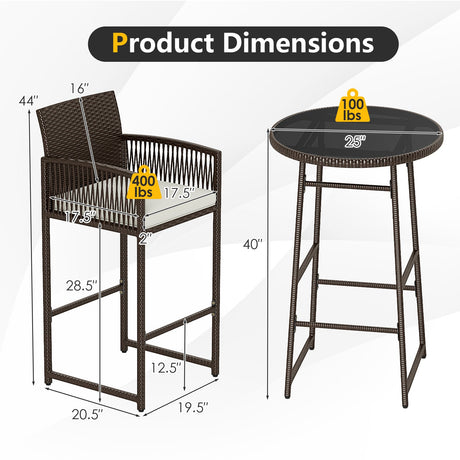 Juego de bar de patio de 3 piezas con mesa y sillones de mimbre para exteriores - Blanco