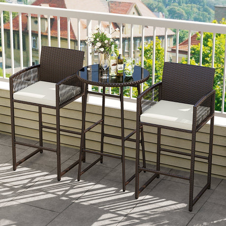 Juego de bar de patio de 3 piezas con mesa y sillones de mimbre para exteriores - Blanco