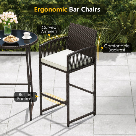 Juego de bar de patio de 3 piezas con mesa y sillones de mimbre para exteriores - Blanco