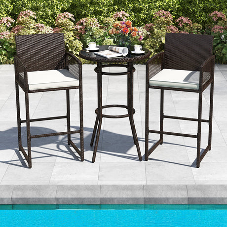 Juego de 3 piezas para patio, mesa redonda y sillones de mimbre de altura de bar, para exteriores - Blanco