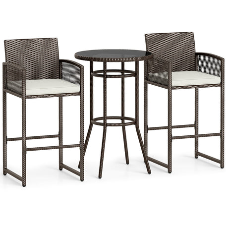 Juego de 3 piezas para patio, mesa redonda y sillones de mimbre de altura de bar, para exteriores - Blanco