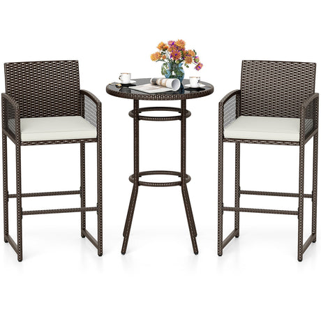Juego de 3 piezas para patio, mesa redonda y sillones de mimbre de altura de bar, para exteriores - Blanco
