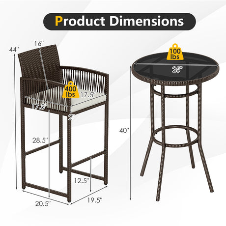 Juego de 3 piezas para patio, mesa redonda y sillones de mimbre de altura de bar, para exteriores - Blanco