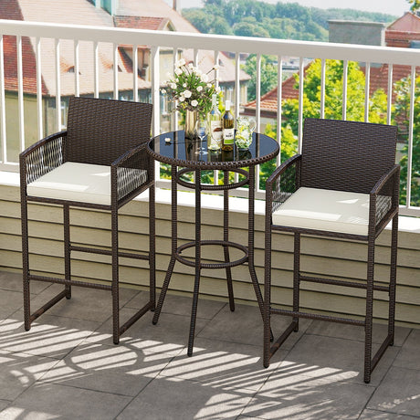 Juego de 3 piezas para patio, mesa redonda y sillones de mimbre de altura de bar, para exteriores - Blanco