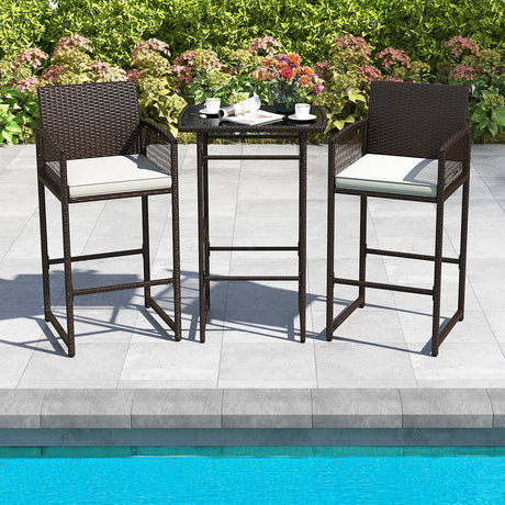 Juego de barra de patio de 3 piezas con mesa de altura de barra de mimbre para exteriores y sillones con 2 cojines de asiento - Blanco