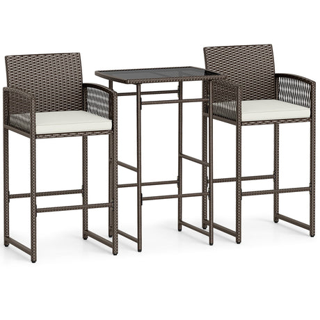 Juego de barra de patio de 3 piezas con mesa de altura de barra de mimbre para exteriores y sillones con 2 cojines de asiento - Blanco