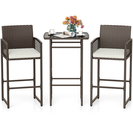 Juego de barra de patio de 3 piezas con mesa de altura de barra de mimbre para exteriores y sillones con 2 cojines de asiento - Blanco