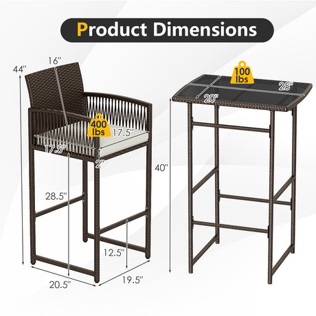 Juego de barra de patio de 3 piezas con mesa de altura de barra de mimbre para exteriores y sillones con 2 cojines de asiento - Blanco