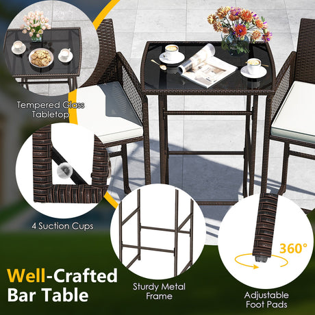 Juego de barra de patio de 3 piezas con mesa de altura de barra de mimbre para exteriores y sillones con 2 cojines de asiento - Blanco