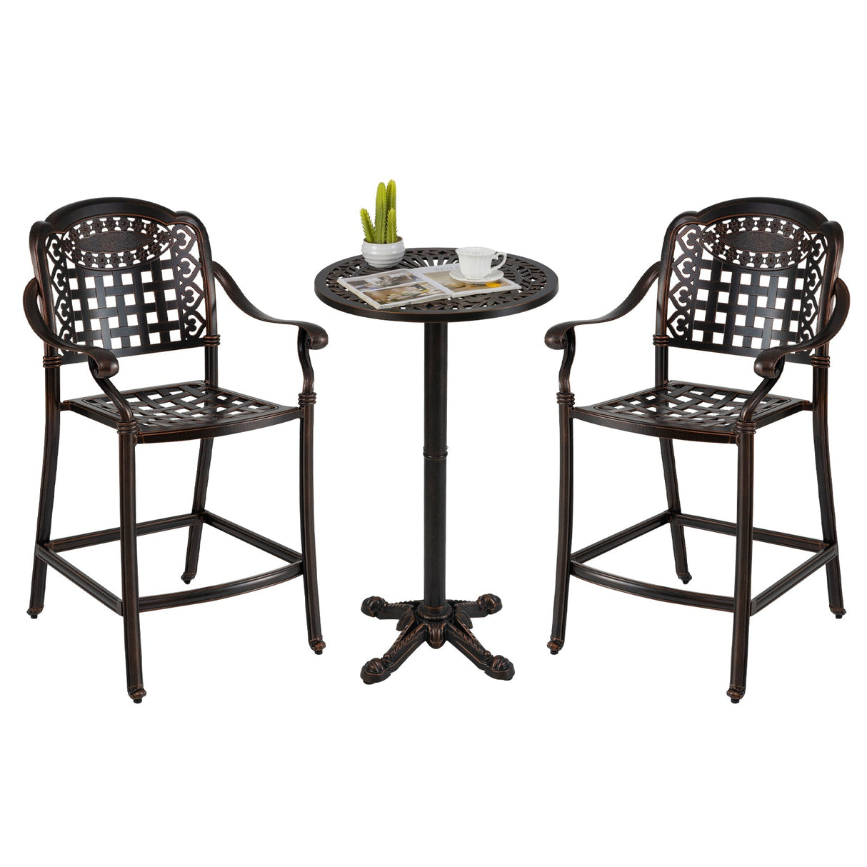 Juego de bar de patio de 3 piezas, mesa redonda alta de aluminio fundido para exteriores con 2 taburetes de altura de mostrador