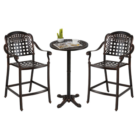 Juego de bar de patio de 3 piezas, mesa redonda alta de aluminio fundido para exteriores con 2 taburetes de altura de mostrador