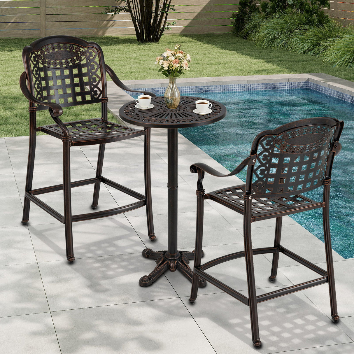 Juego de bar de patio de 3 piezas, mesa redonda alta de aluminio fundido para exteriores con 2 taburetes de altura de mostrador
