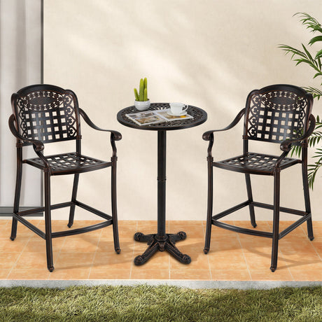Juego de bar de patio de 3 piezas, mesa redonda alta de aluminio fundido para exteriores con 2 taburetes de altura de mostrador