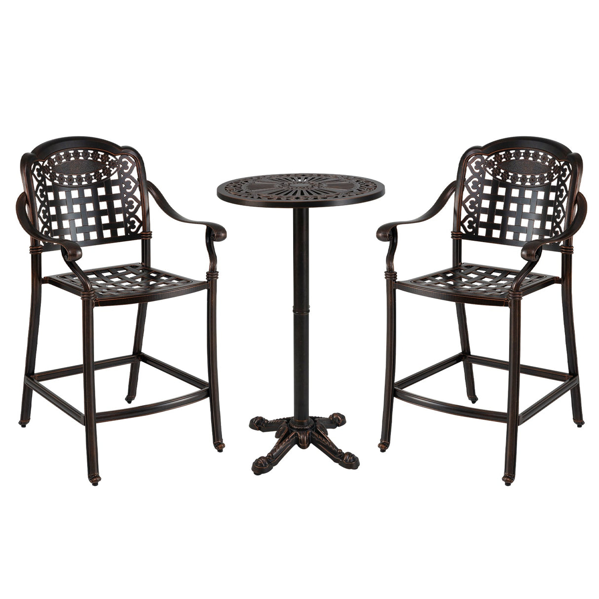 Juego de bar de patio de 3 piezas, mesa redonda alta de aluminio fundido para exteriores con 2 taburetes de altura de mostrador