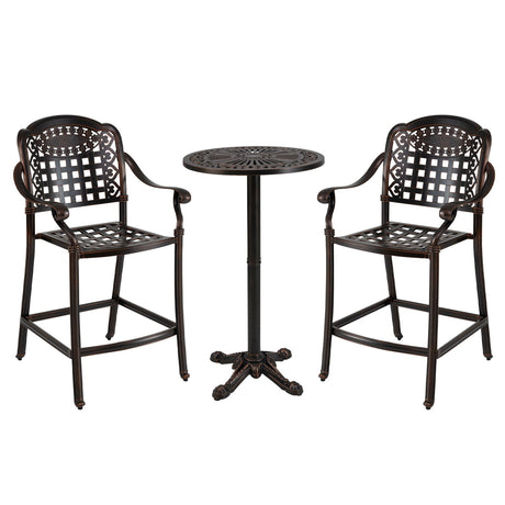 Juego de bar de patio de 3 piezas, mesa redonda alta de aluminio fundido para exteriores con 2 taburetes de altura de mostrador