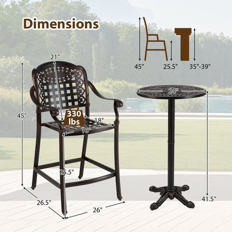 Juego de bar de patio de 3 piezas, mesa redonda alta de aluminio fundido para exteriores con 2 taburetes de altura de mostrador