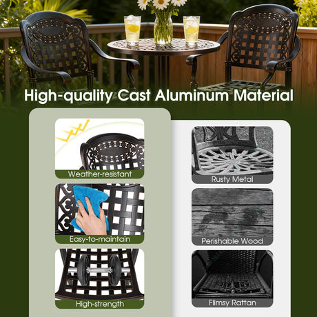 Juego de bar de patio de 3 piezas, mesa redonda alta de aluminio fundido para exteriores con 2 taburetes de altura de mostrador