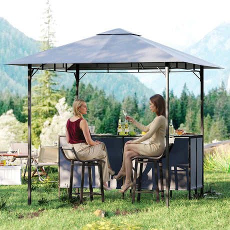 Juego de bar de patio de 3 piezas Gazebo para parrilla de doble nivel de 2.4 x 2.4 m con 2 taburetes de bar - Gris