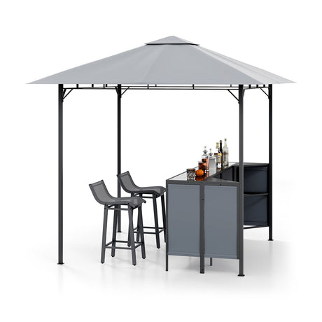 Juego de bar de patio de 3 piezas Gazebo para parrilla de doble nivel de 2.4 x 2.4 m con 2 taburetes de bar - Gris