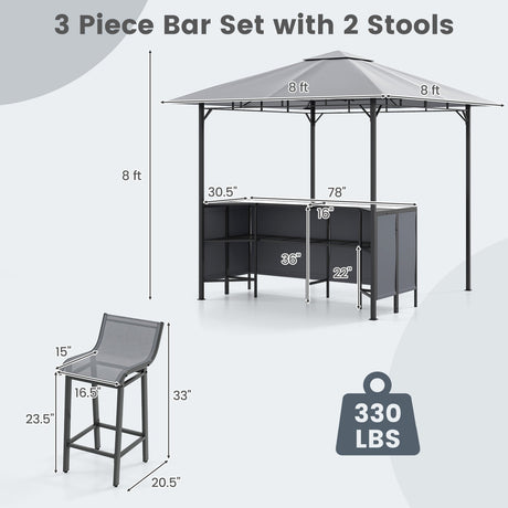 Juego de bar de patio de 3 piezas Gazebo para parrilla de doble nivel de 2.4 x 2.4 m con 2 taburetes de bar - Gris