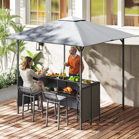 Juego de bar de patio de 3 piezas Gazebo para parrilla de doble nivel de 2.4 x 2.4 m con 2 taburetes de bar - Gris
