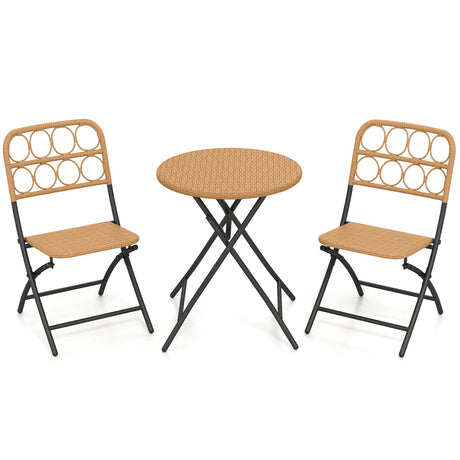 Juego de bistró de patio de 3 piezas con mesa redonda plegable y sillas con asiento de mimbre