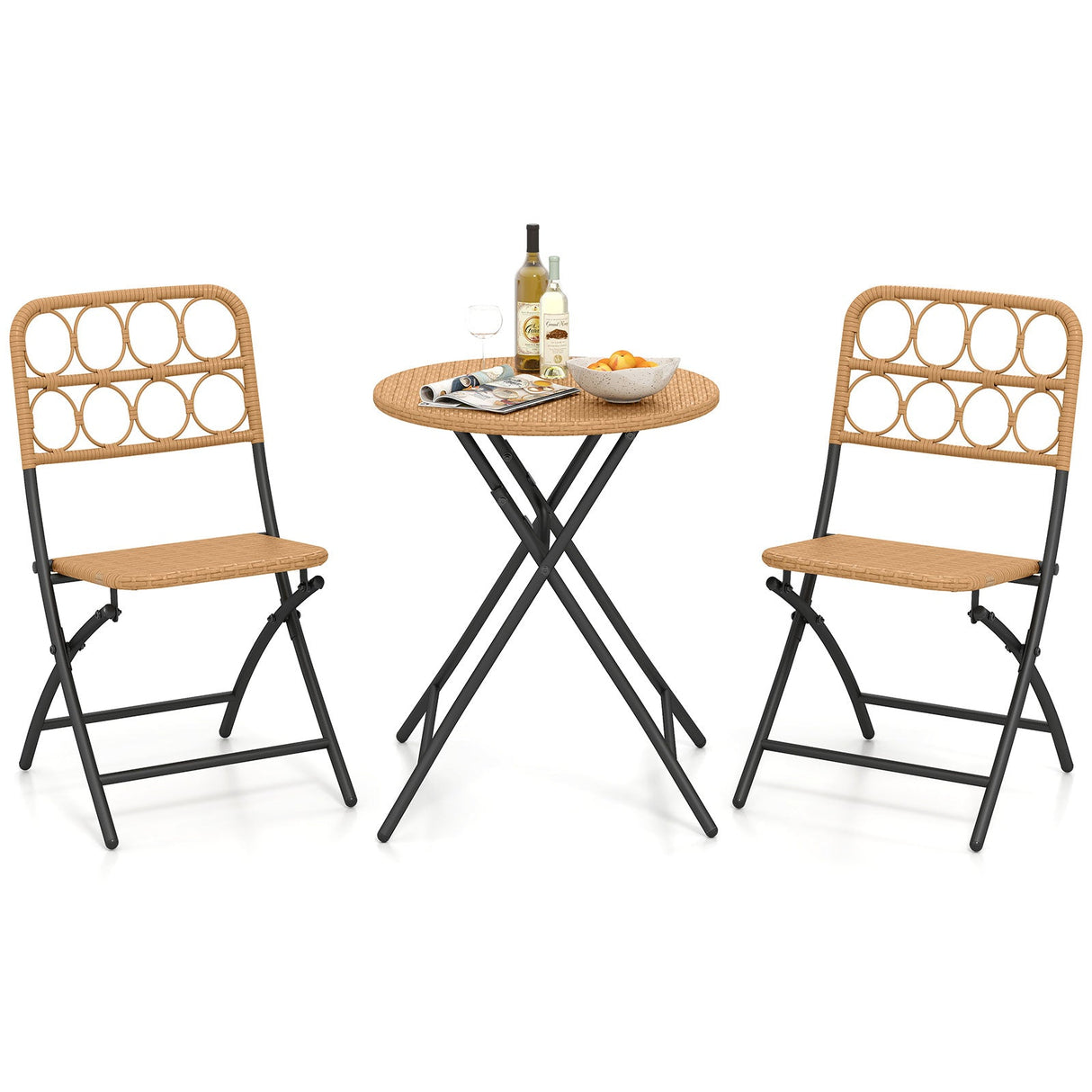 3 Piece Patio Bistro Set Folding Round Table and Chairs with Wicker Seat