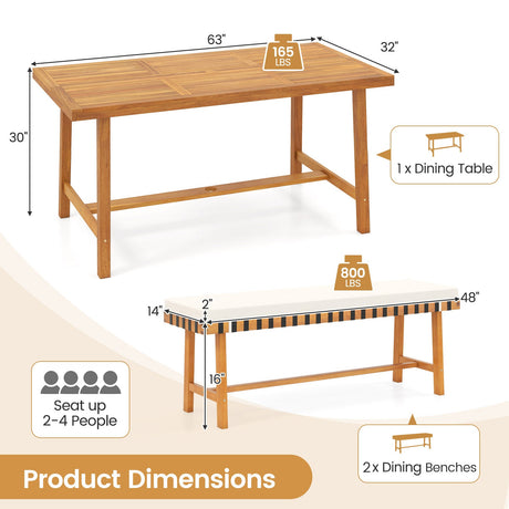Juego de comedor de patio de 3 piezas para 4 personas, muebles estilo rústico