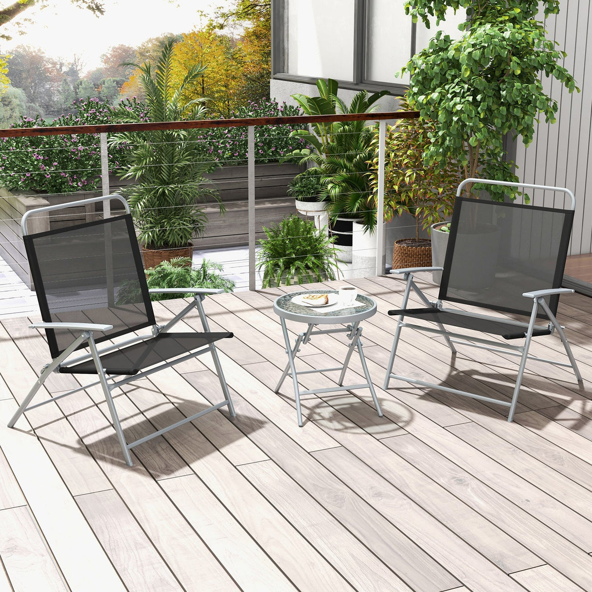 Juego de 3 sillas plegables de patio para exteriores de metal