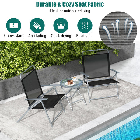 Juego de 3 sillas plegables de patio para exteriores de metal
