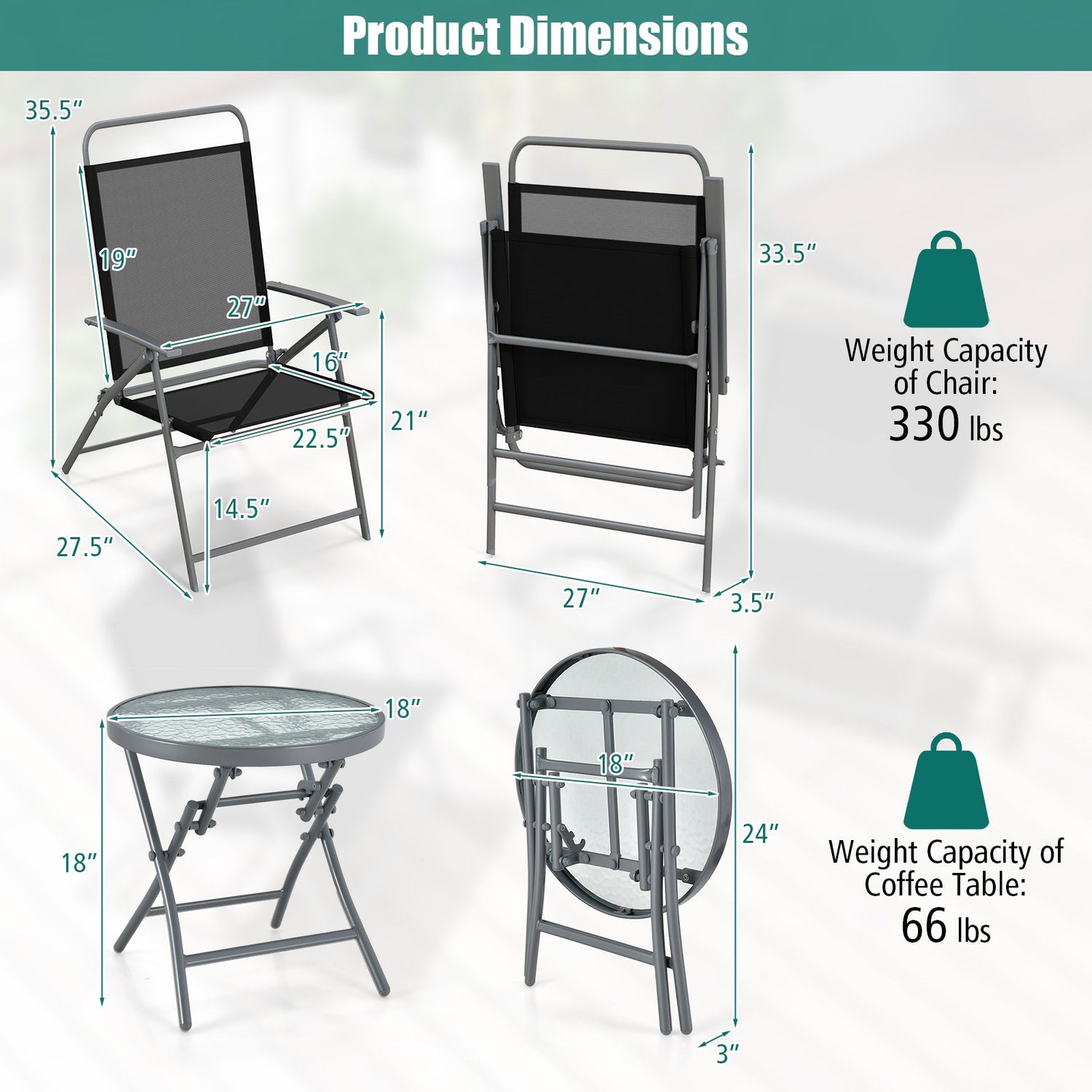 Juego de 3 sillas plegables de patio para exteriores de metal
