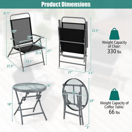 Juego de 3 sillas plegables de patio para exteriores de metal