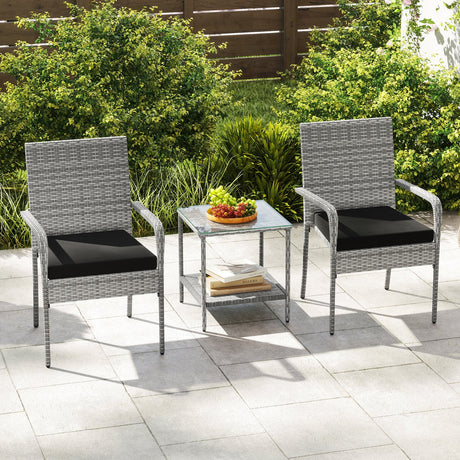 Juego de muebles de patio de 3 piezas con cojines de asiento y mesa con cubierta de vidrio templado para balcón