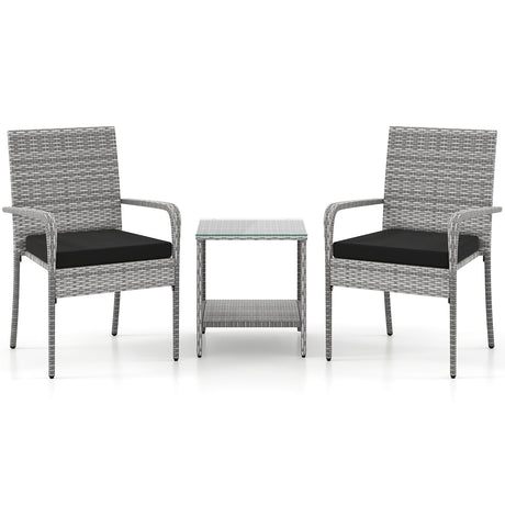 Juego de muebles de patio de 3 piezas con cojines de asiento y mesa con cubierta de vidrio templado para balcón