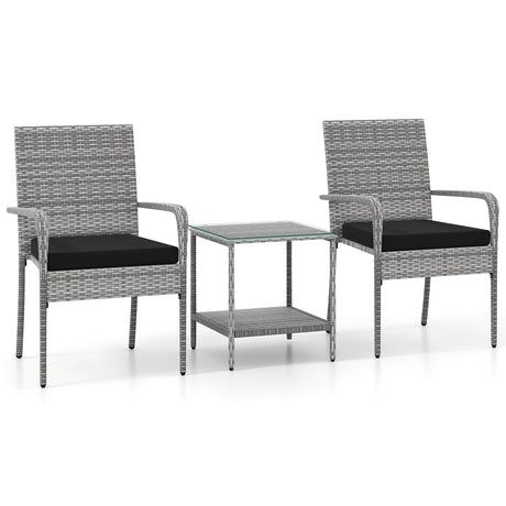 Juego de muebles de patio de 3 piezas con cojines de asiento y mesa con cubierta de vidrio templado para balcón