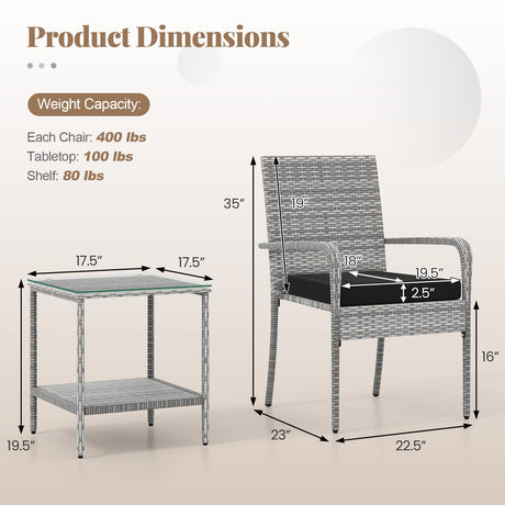 Juego de muebles de patio de 3 piezas con cojines de asiento y mesa con cubierta de vidrio templado para balcón