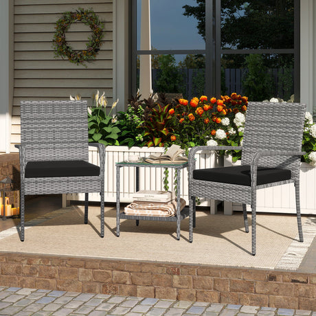 Juego de muebles de patio de 3 piezas con cojines de asiento y mesa con cubierta de vidrio templado para balcón